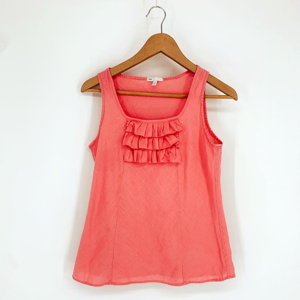 GAP LINEN Vintage Y2K 90s Tank Top Sleeveless Shirt Summer Pink Coral Ruffle S
